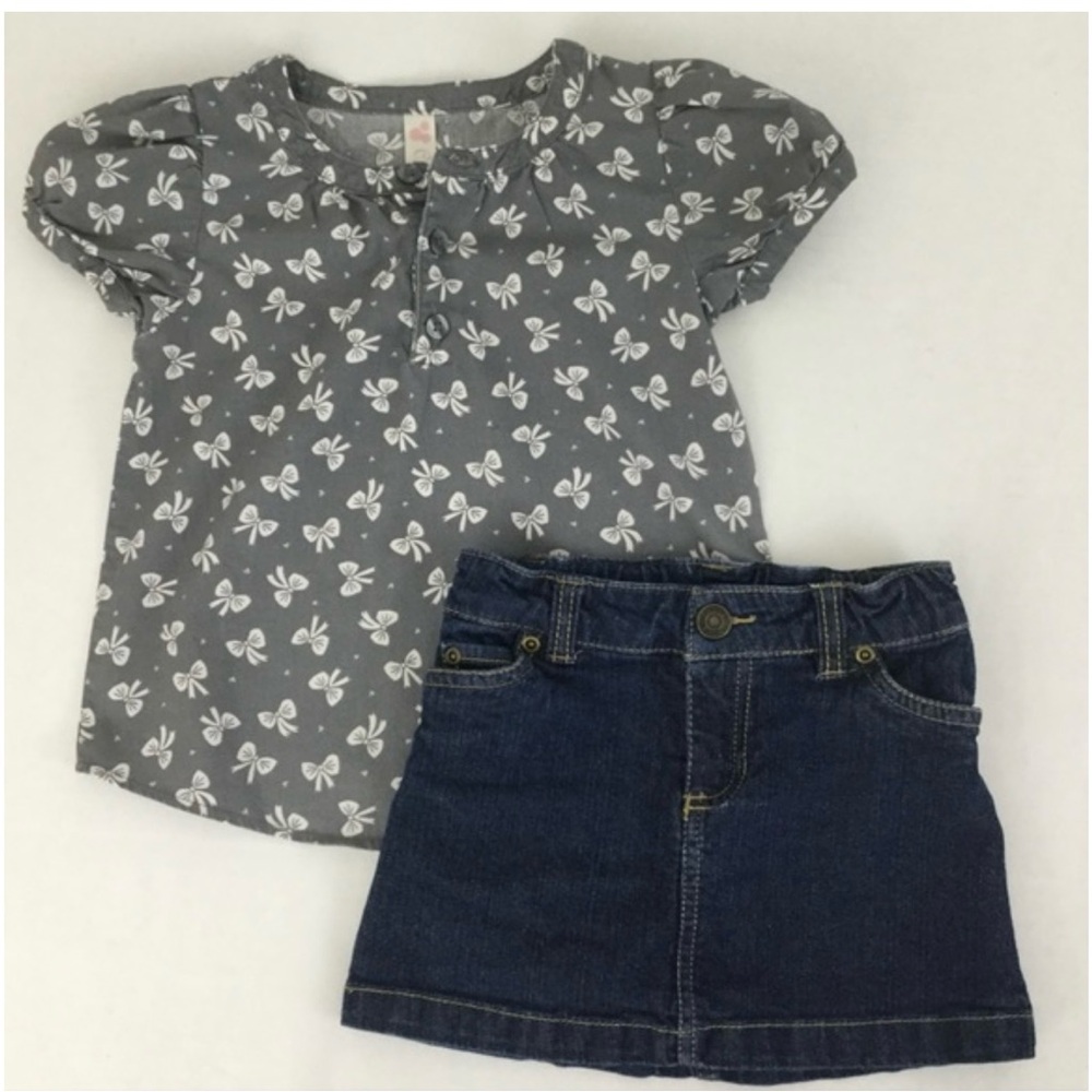 Girl’s Charming Gray Bow Blouse and Denim Skirt Set Size 4T